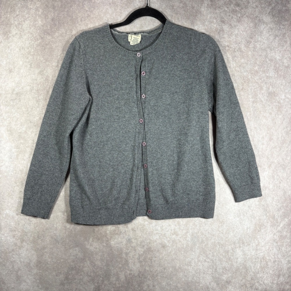 LL Bean Cardigan Womens Large Gray 100% Cashmere Crew Neck Button Front Sweater